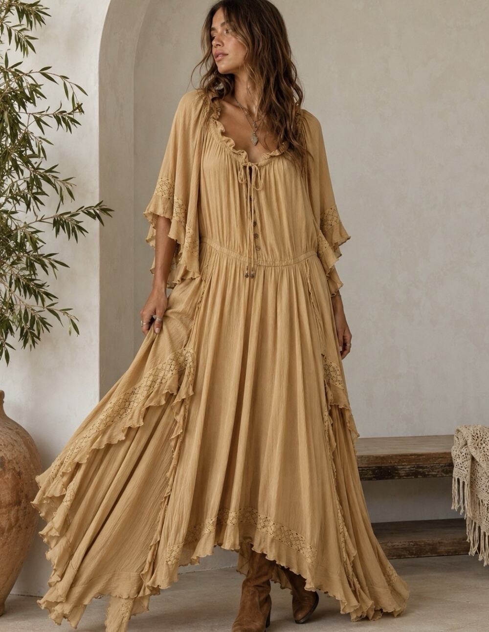 Free People Boho Maxi Dress Tan Lace Flutter Sleeve Handkerchief Hem Prairie L